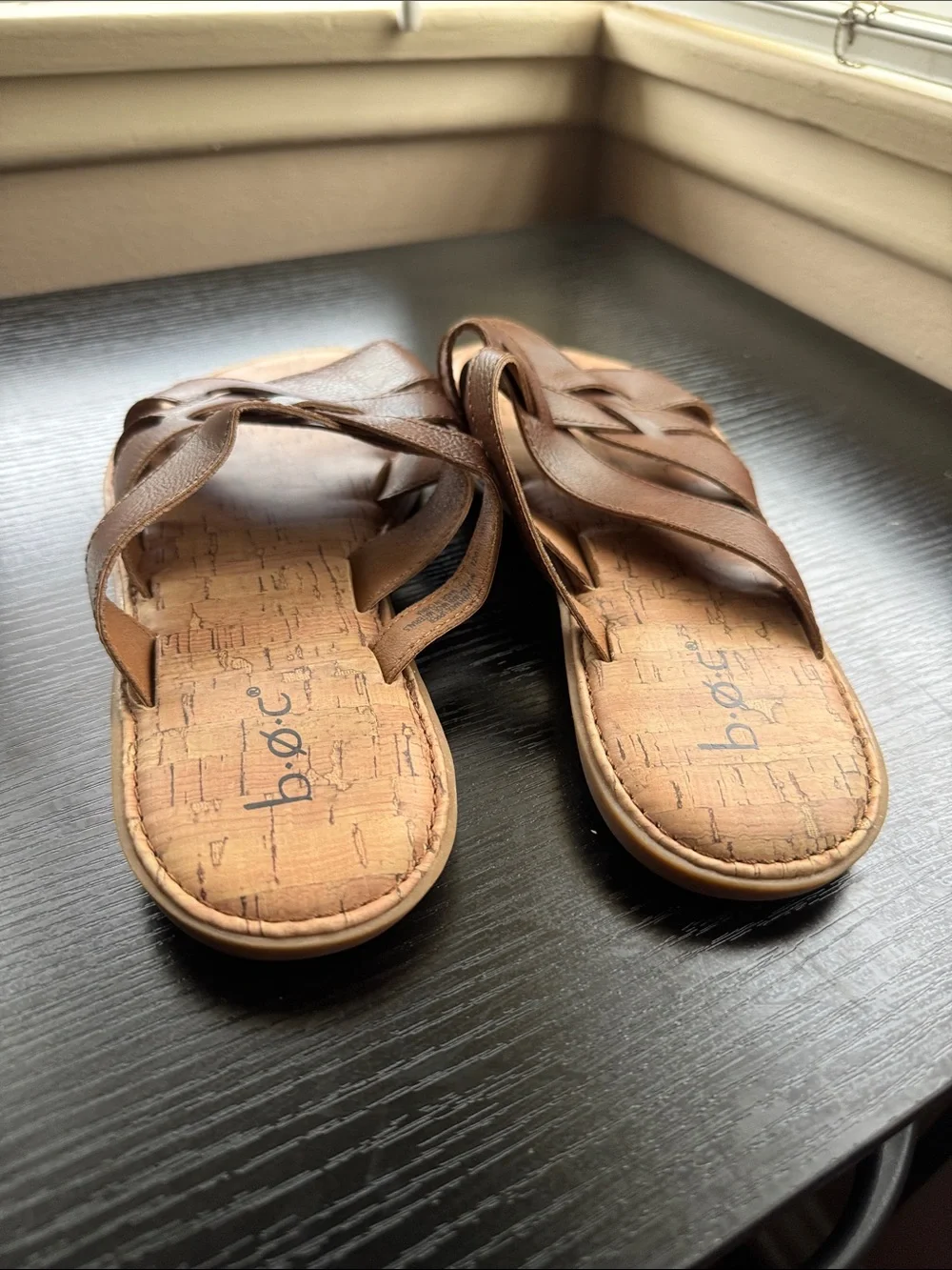 boc Brown Leather Crisscross Slide Sandals